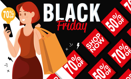 Girl shopping on mobile phone Black friday poster Vectorのイラスト素材
