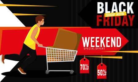 Girl character with shopping cart Black friday poster Vectorのイラスト素材