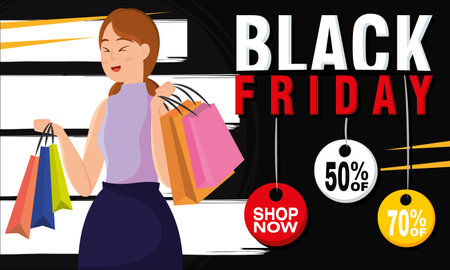 Girl character holding shopping bags Black friday poster Vectorのイラスト素材