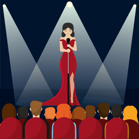 Girl on stage singing to crowd Music concert Vectorのイラスト素材