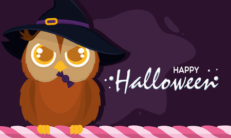 Cute owl bird with witch hat Happy halloween Vectorのイラスト素材