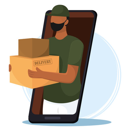 Smartphone with a delivery guy with boxes Vectorのイラスト素材
