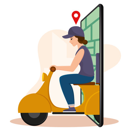 Smartphone with a delivery girl on motorcycle Vectorのイラスト素材