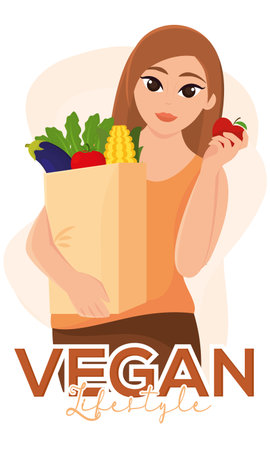 Girl with shopping bag full of vegetables Vegan lifestyle Vectorのイラスト素材