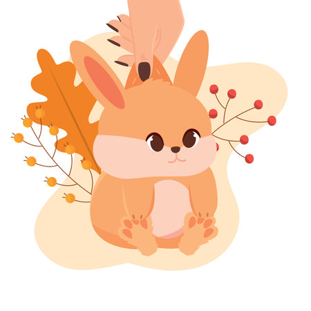 Hand holding cute autumn bunny with leaves, Vectorのイラスト素材