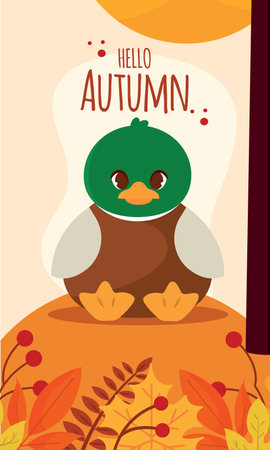 Cute duck with autumn leaves and text Hello Autumn, Vectorのイラスト素材