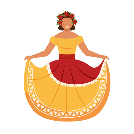 Smiling woman in yellow and red Mexican folk dress, Vectorのイラスト素材