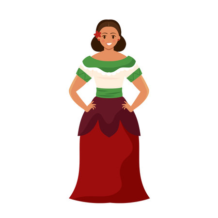 Woman in green and red Mexican dress with flower, Vectorのイラスト素材