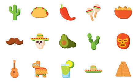 Cactus, taco, and maracas colorful Mexican icons, Vectorのイラスト素材