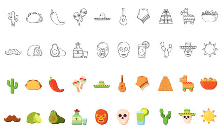Mexican-themed icons in black lines and colorful, Vectorのイラスト素材