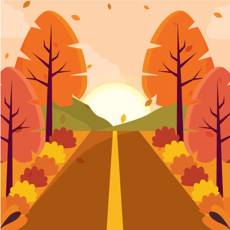 Autumn road lined with orange trees at sunset, Vectorのイラスト素材
