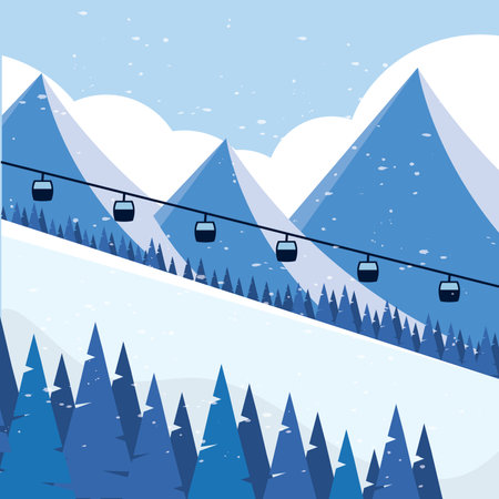 Snowy mountain slopes with cable cars and pine trees Vectorのイラスト素材