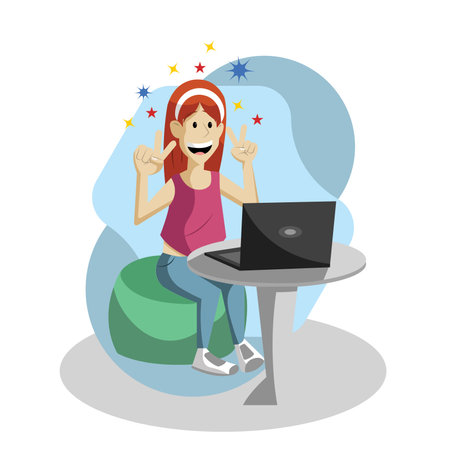 Happy girl character using laptop Social media Vectorのイラスト素材