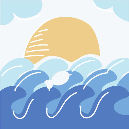 Sun setting over ocean waves and sky. Vectorのイラスト素材