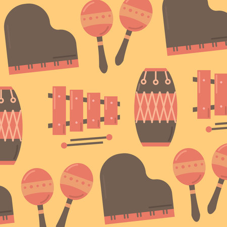 Flat style pattern with drums maracas xylophones and pianos in cartoon form. Vector illustrationのイラスト素材