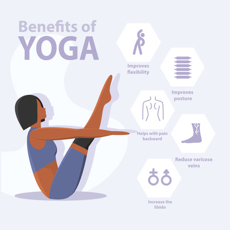 Infographic of yoga benefits with woman in boat pose and icons. Vector illustrationのイラスト素材