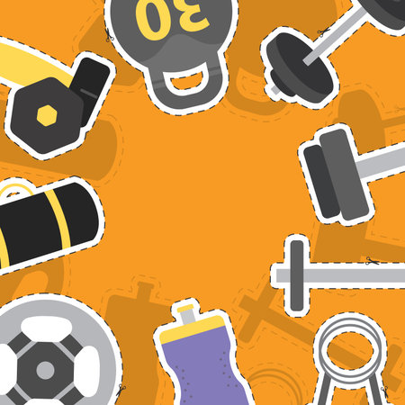 Orange frame with gym tools. Vector illustrationのイラスト素材