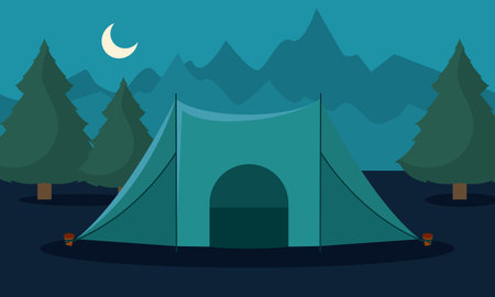 Tent in moonlight hills. Vector illustrationのイラスト素材