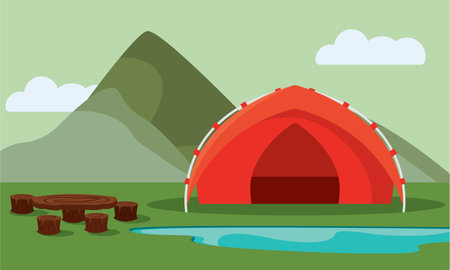 Tent near lake hills. Vector illustrationのイラスト素材