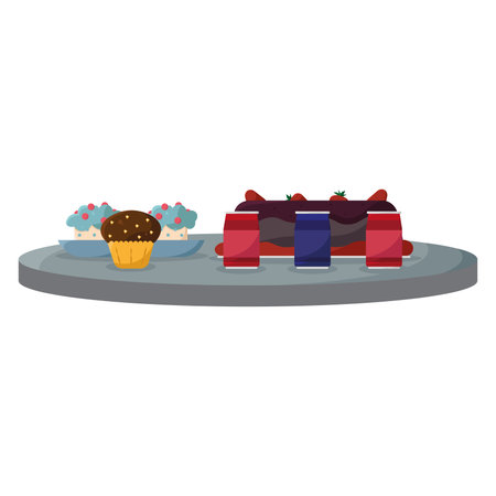 Cupcakes and cans display. Vector illustrationのイラスト素材