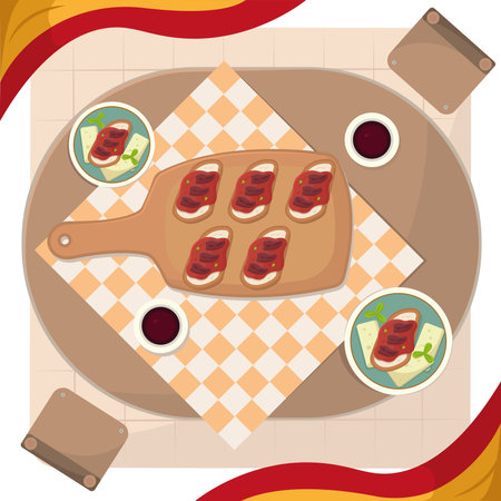 Spanish tapas on wooden table. Vector illustrationのイラスト素材