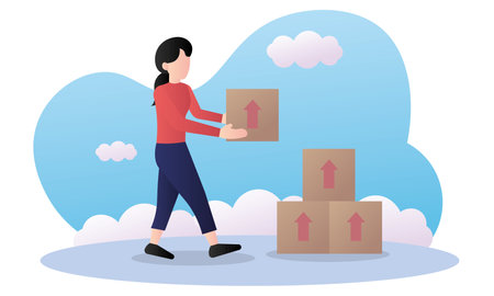 Woman lifting cardboard box. Vector illustrationのイラスト素材