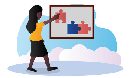 Girl pointing puzzle board. Vector illustrationのイラスト素材