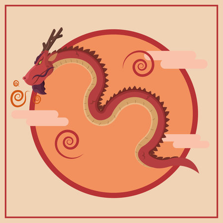 Colored chinese dragon on chinese background. Vector illustrationのイラスト素材