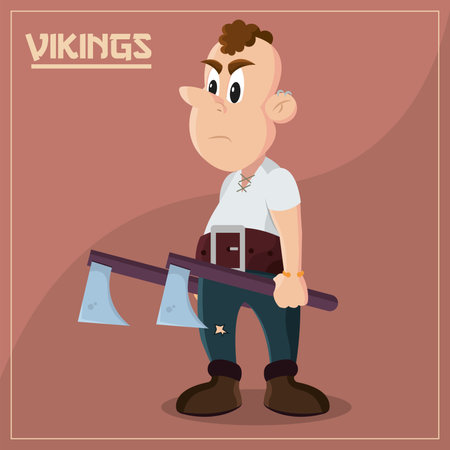 Viking kid with twin axes. Vector illustrationのイラスト素材