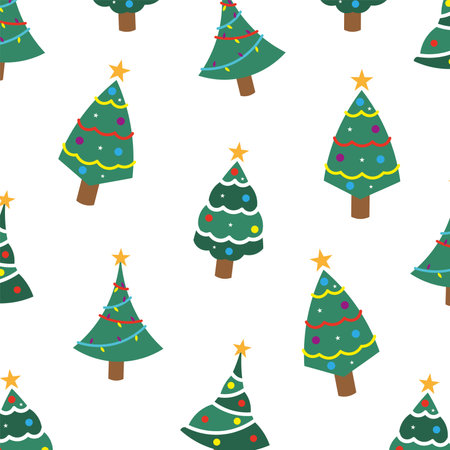 Repeating pattern of decorated Christmas trees, perfect for holiday designs, Vector illustrationのイラスト素材