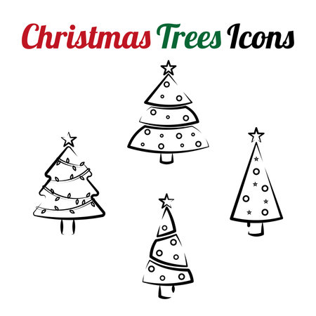 Christmas trees with string lights and star on top in a set icon Vector illustrationのイラスト素材