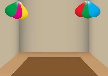 A poorly lit room decorated with coloured balloonsのイラスト素材