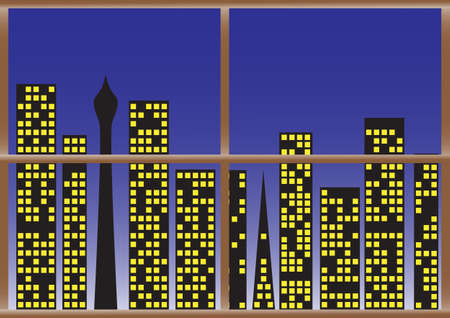 View of a busy cityscape at night through a window frameのイラスト素材