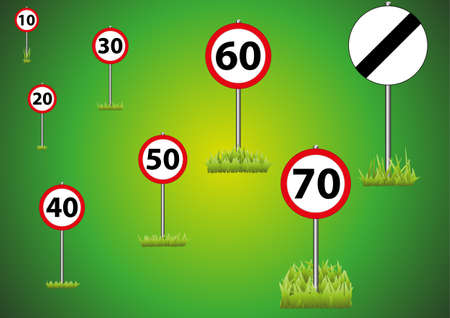 A selection of road speed limit signs on a green backgroundのイラスト素材