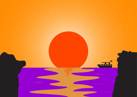 A boat at sea viewed through cliffs at sunsetのイラスト素材