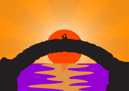 A couple in love on a stone bridge with a setting sun background over waterのイラスト素材