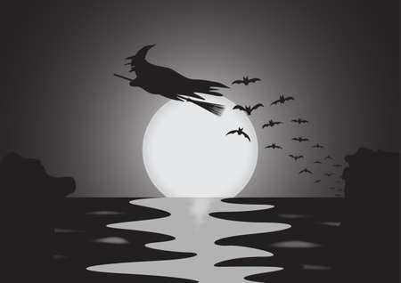 A witch flying over the sea followed by many bats in the moonlightのイラスト素材