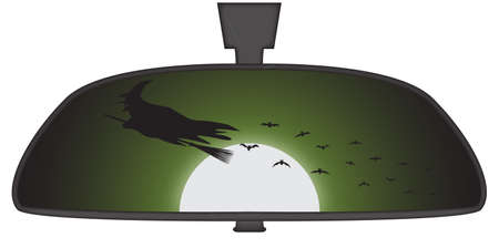 Halloween witch in car rear view mirror isolated on a white backgroundのイラスト素材