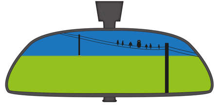 Birds on a wire in a car rear view mirror isolated on a white backgroundのイラスト素材