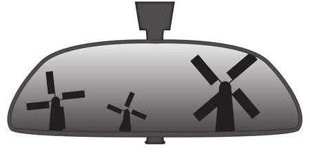 Windmills in a car rear view mirror isolated on a white backgroundのイラスト素材