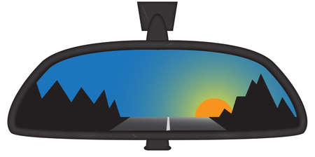 Sunset behind mountains in a car rear view mirror isolated on a white backgroundのイラスト素材