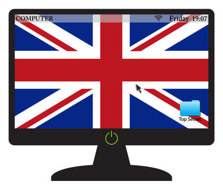 A UK computer screen with an on button isolated on a white backgroundのイラスト素材