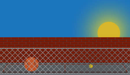 An empty playground at sunset with a wall, fence and ballsのイラスト素材