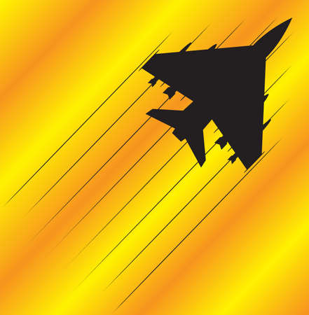 A fighter jet silhouette flying on an orange and yellow backgroundのイラスト素材