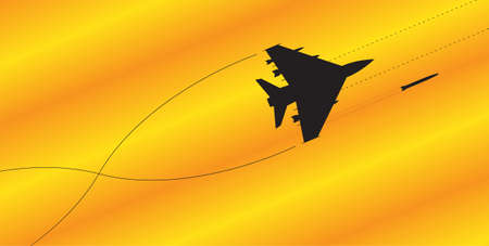 A fighter jet silhouette firing all weapons on a colourful backgroundのイラスト素材