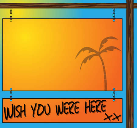 A holiday postcard wish you were here hanging sign with writing space on a sunny backgroundのイラスト素材