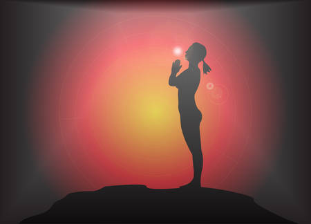 A yoga woman silhouette performing mountain pose on a dark colourful background with a glareのイラスト素材