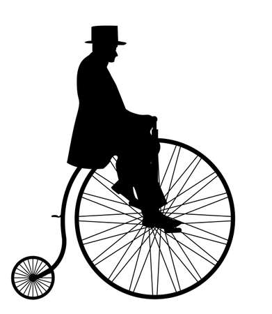 A gentleman in a top hat riding a penny farthing silhouette isolated on a white backgroundのイラスト素材