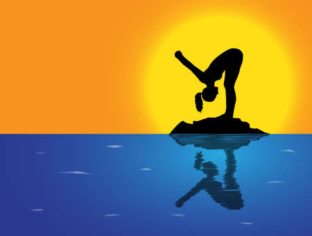 A woman silhouette performing forward fold pose on a rock in the seaのイラスト素材
