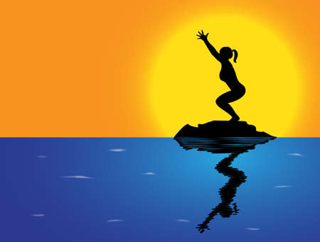 A woman silhouette performing chair pose on a rock in the seaのイラスト素材